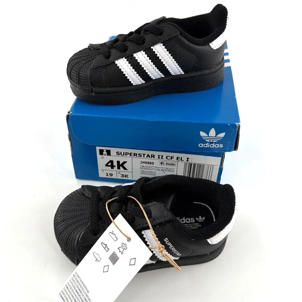 Adidas Kids Core Black Cloud White Superstar II Elastic Lace Shoes Size 4K